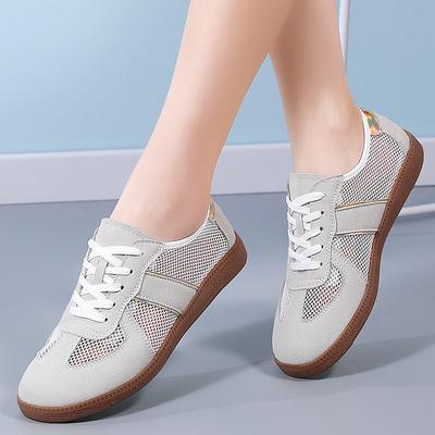 Новые летние корейские полые кроссовки для немецких тренировок на плоской подошве, студенческие сетчатые спортивные туфли, женские повседневные туфли с цветными блоками