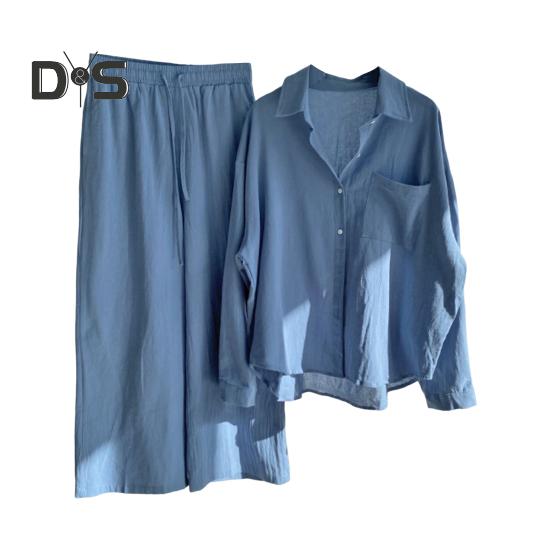 Женский комплект из двух предметов: рубашка с длинным рукавом и застегнутая на пуговицы рубашка с широкими брюками повседневный хлопковый домашний костюм на весну и лето