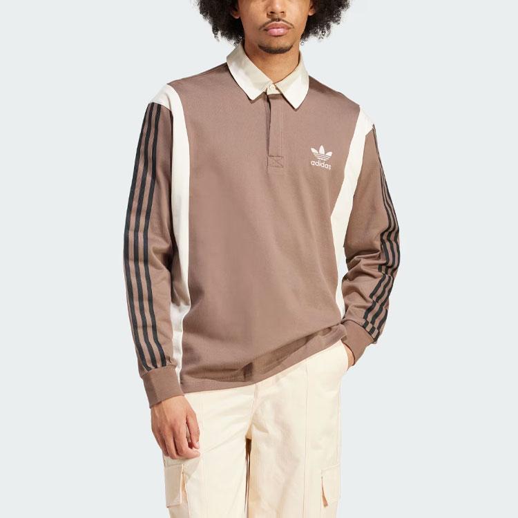 Adidas Рубашка для регби Originals с тремя полосками и цветными блоками, поло с длинным рукавом, винтажный топ для регби, мужские топы коричневого цвета IS1405