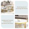 2 in 1 Round Coffee Table of MDF, Side Table with Marble Tabletop and Drawers made of Plastic Rattan, Handles made of Solid Wood. Golden Iron Feet.