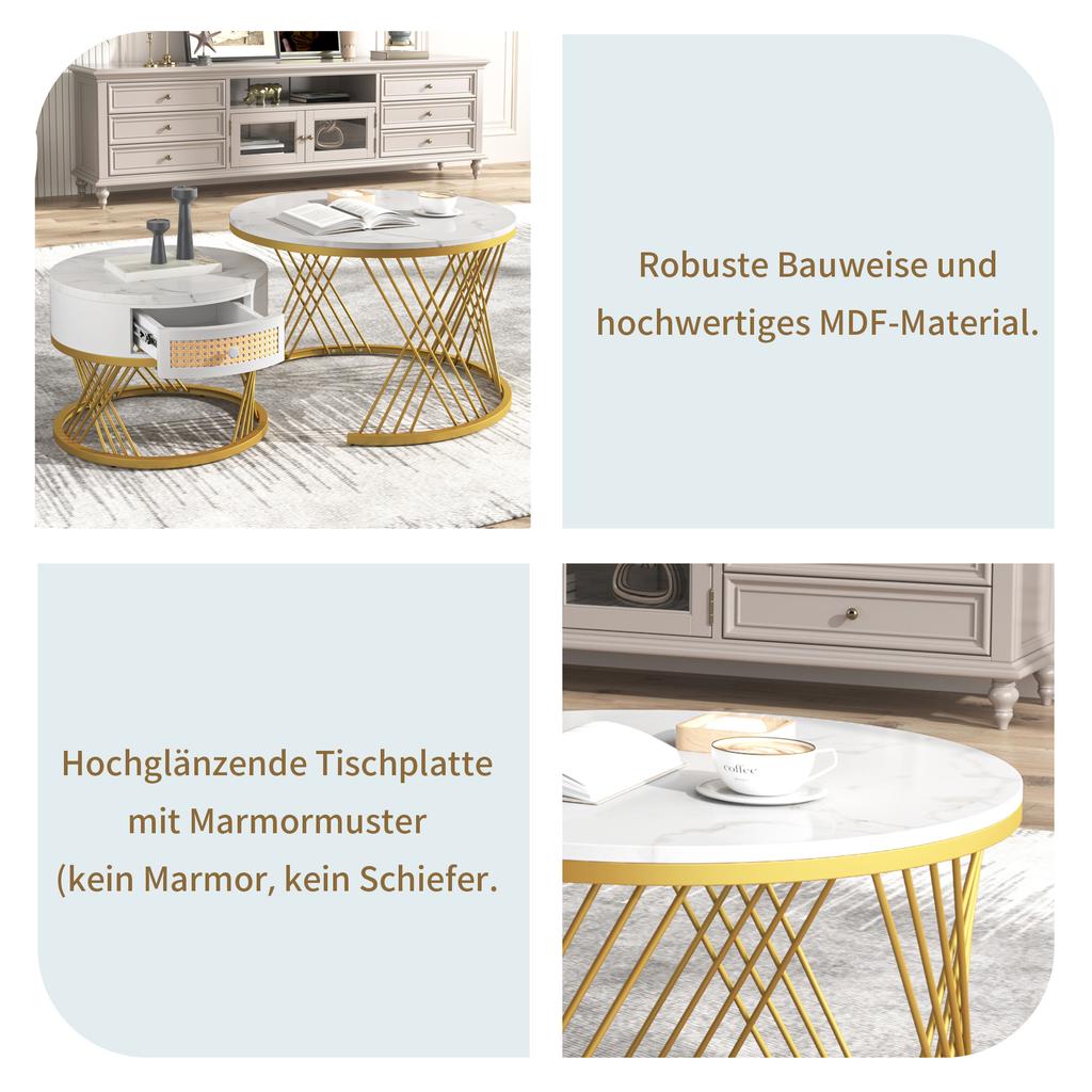 2 in 1 Round Coffee Table of MDF, Side Table with Marble Tabletop and Drawers made of Plastic Rattan, Handles made of Solid Wood. Golden Iron Feet.