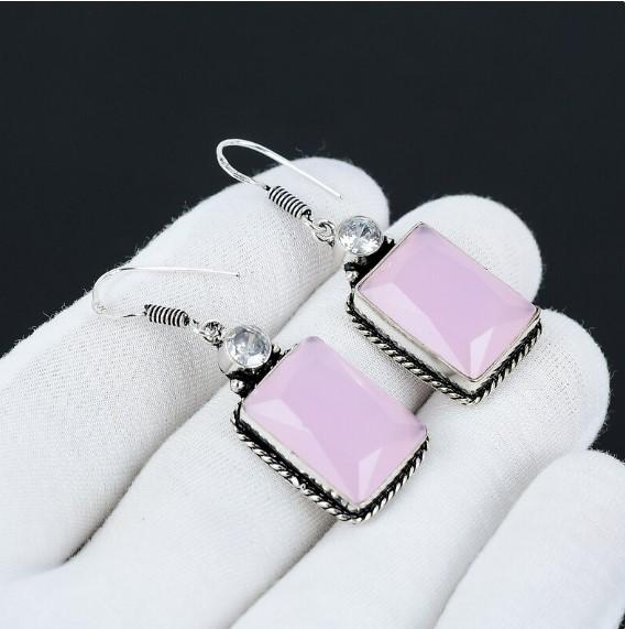 Серьги с драгоценными камнями из розового халцедона, серьги с драгоценными камнями из красивого голубого топаза, серьги с подвесками из светло-розового драгоценного камня, серьги с голубым топазом