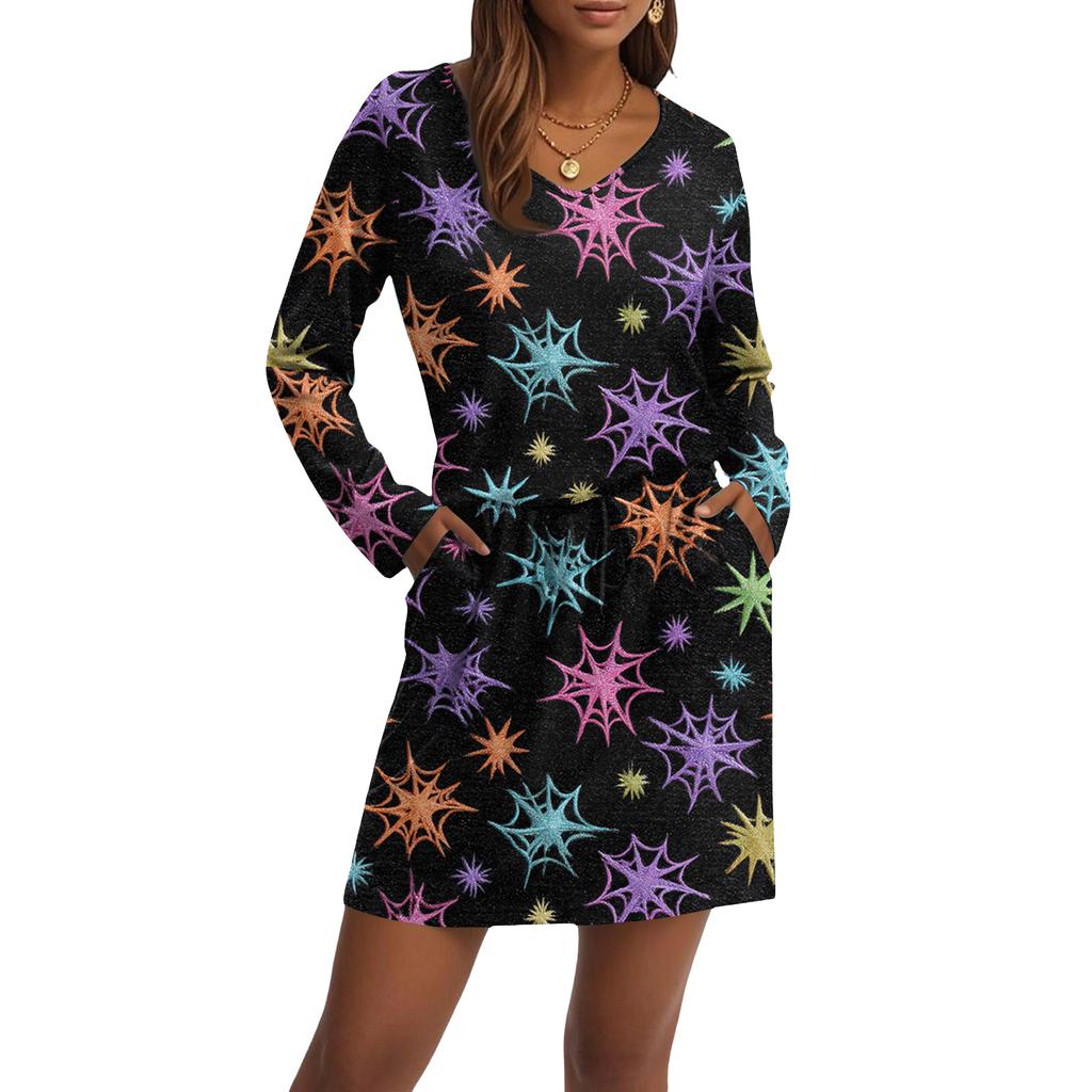 Women's Fashionable V-neck Long Sleeved Drawstring With Pocket Halloween Printed Casual Dress