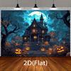 Ghost House Halloween Background Cloth - Non Electric Party Decoration Banner with Manor Pumpkin Lantern  Full Moon  and Bats