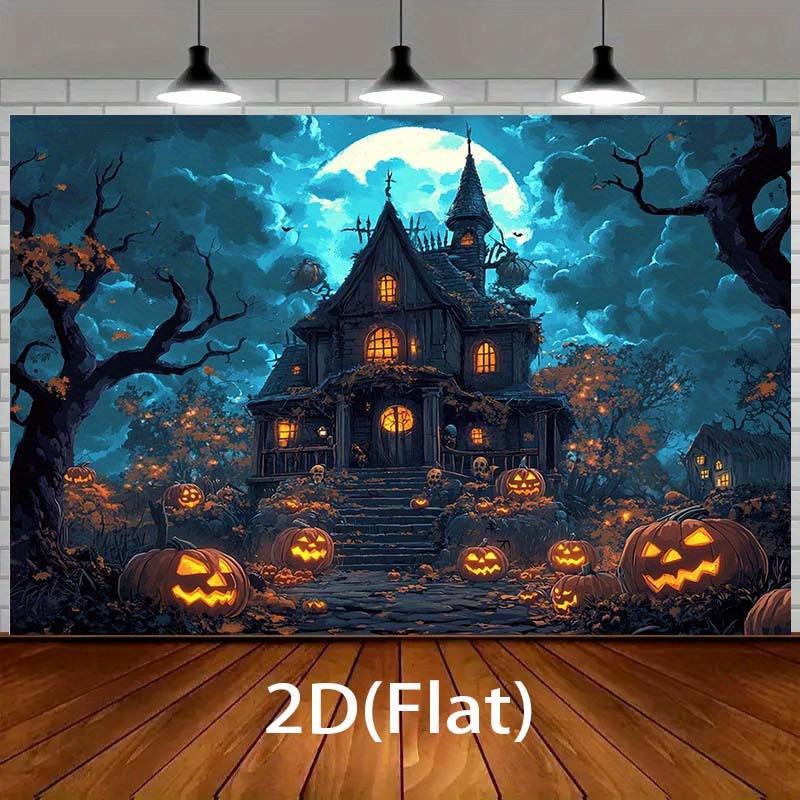 Ghost House Halloween Background Cloth - Non Electric Party Decoration Banner with Manor Pumpkin Lantern Full Moon and Bats