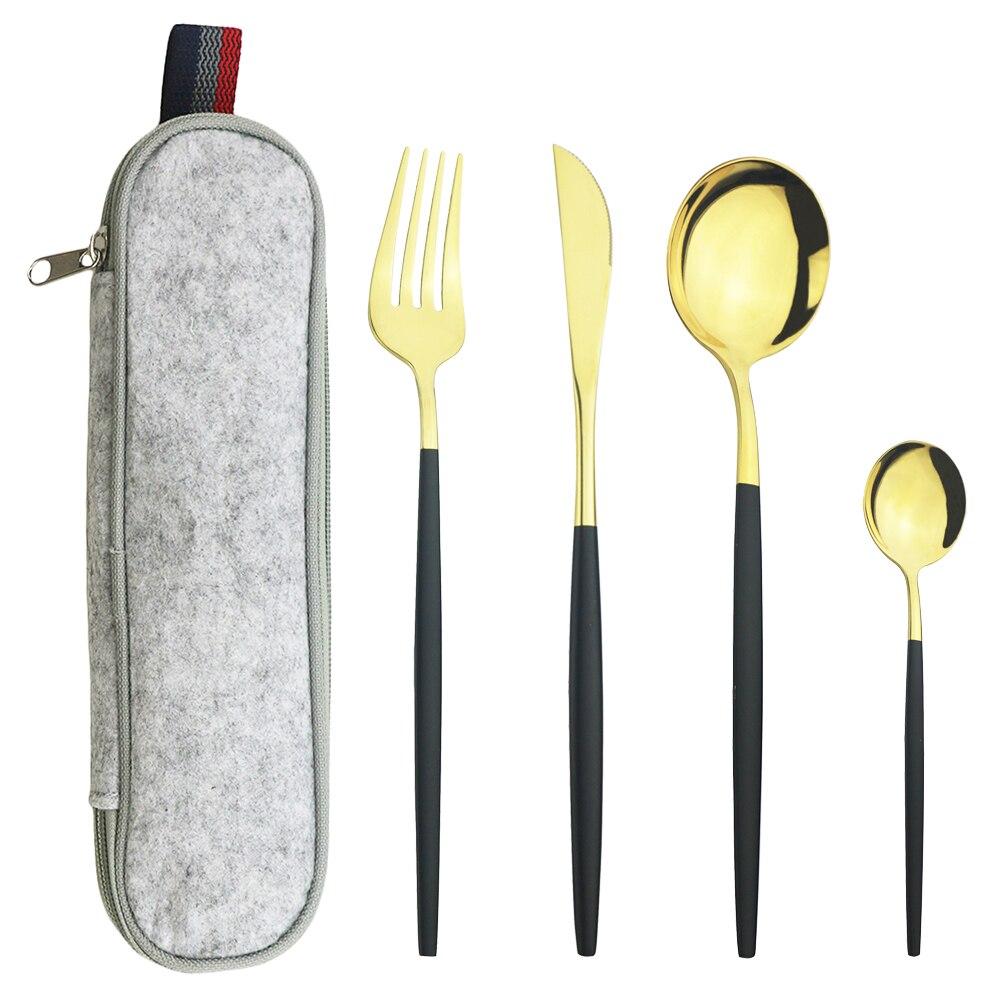 Мятно-зеленый, золотой набор столовой посуды, набор столовых приборов для кемпинга, нож, вилка, ложка с портативной серой сумкой, набор посуды из нержавеющей стали