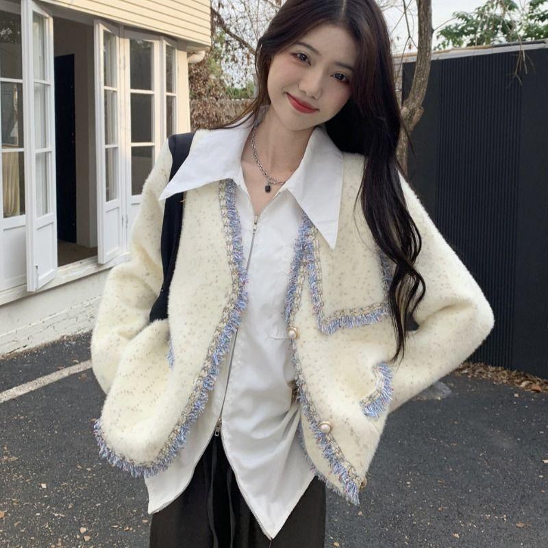 Кардиган, женское пальто на весну и осень, высококачественный французский уникальный шерстяной топ, осень 2023, повседневный кардиган с длинными рукавами, женское пальто