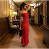 Sexy Rhinestones Floral Women Maxi Dress Red Sling Sleeveless Lace-up Backless Evening Party Dresses 2025 New Hip Package Dress