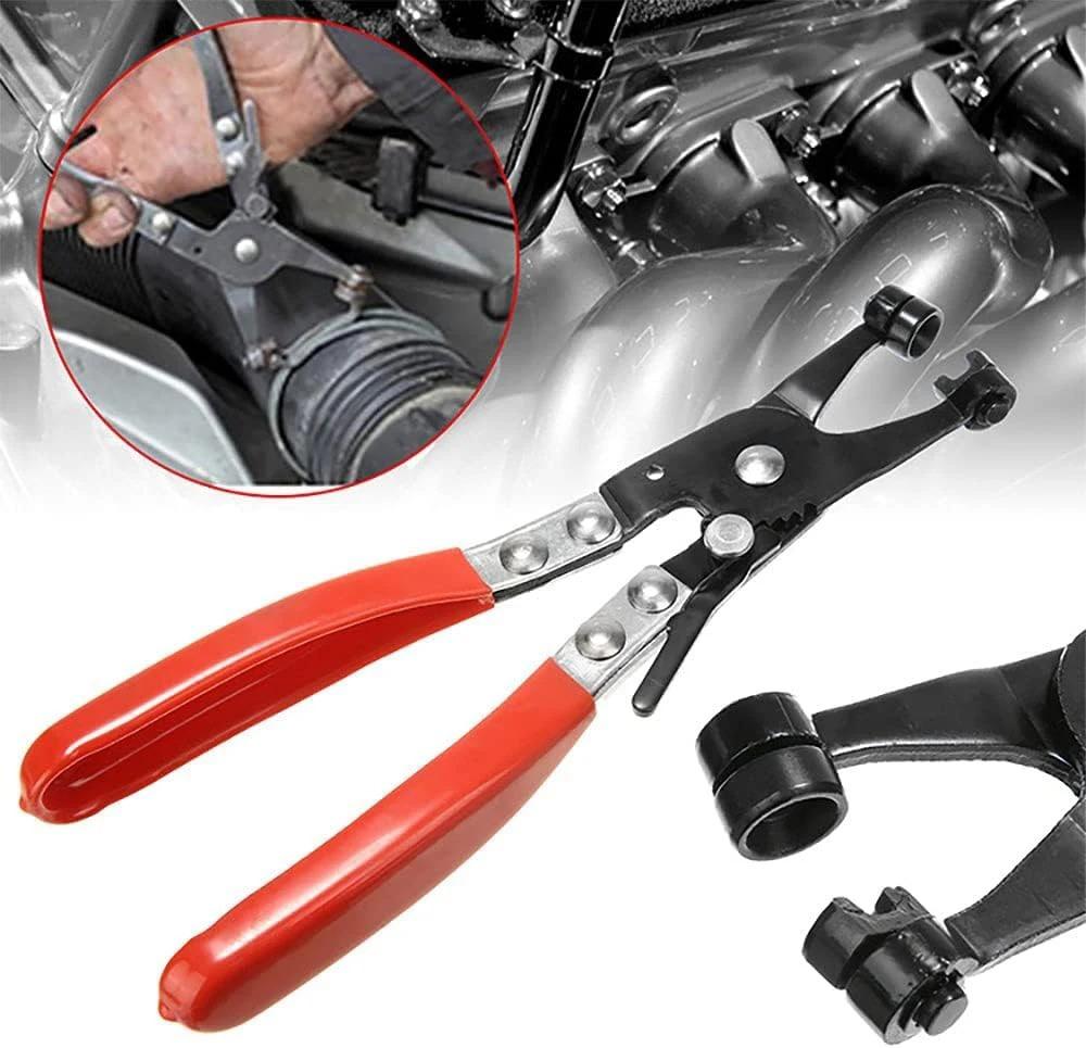 Плоскогубцы для хомутов для шлангов водопроводных труб автомобиля. Зажим с поворотным приводом. Инструмент для фиксации губок. Снятие и установка кольцевых плоских хомутов для шлангов.