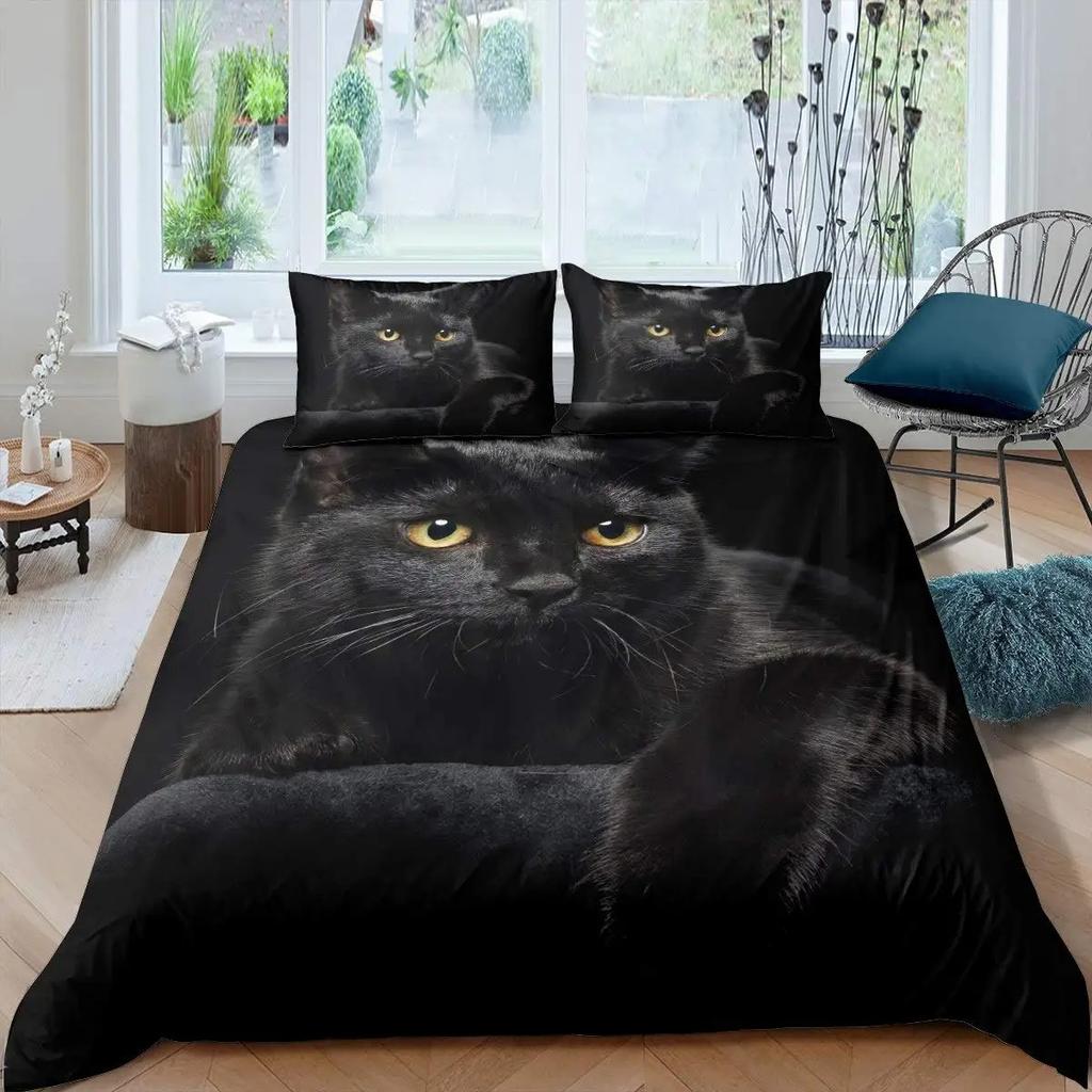 2026 Cat Duvet Cover Set Pet Cats Pattern Twin Bedding Set Cute Kitten For Polyester Mysterious Black Cat King Size Quilt Cover