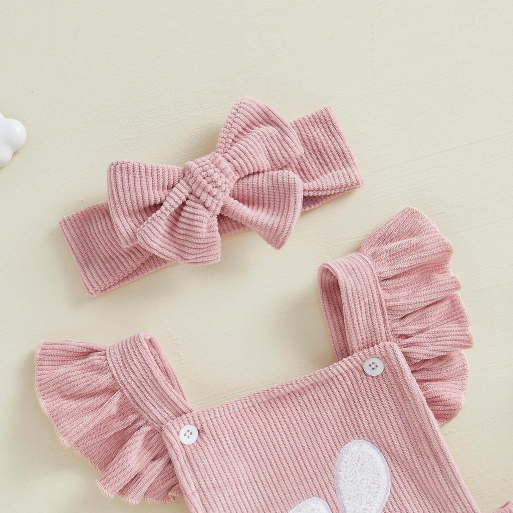 Baby Girl Easter Casual Romper Flying Sleeve Bunny Embroidery Romper with Headband
