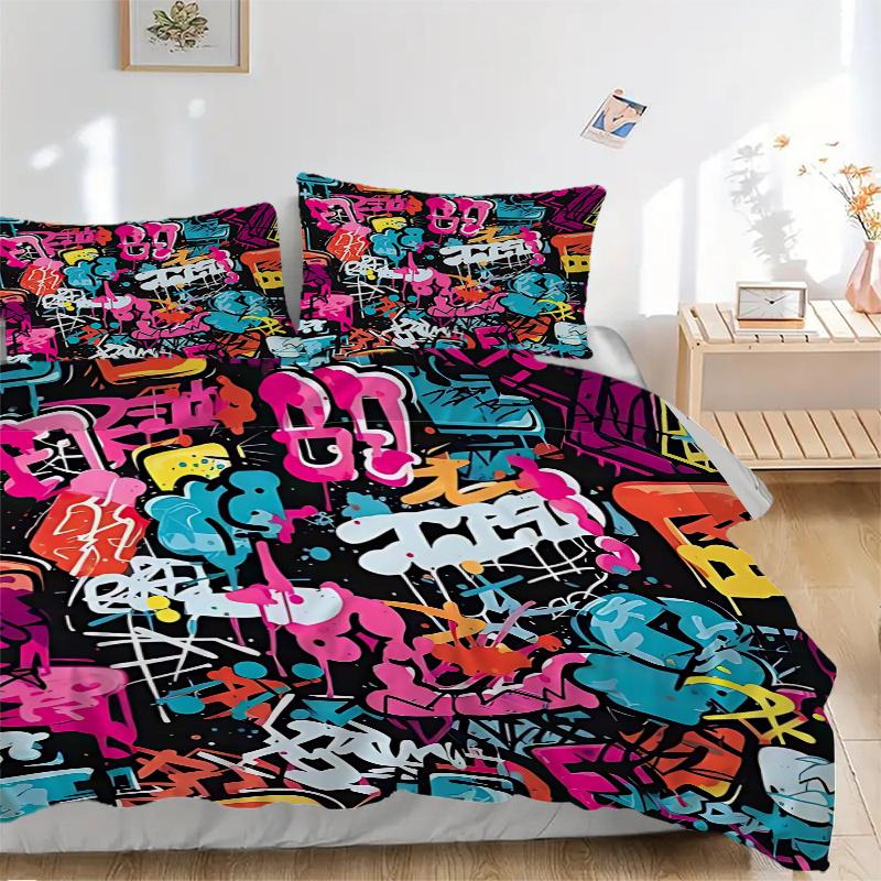 3pcs Graffiti Art Bedding Set - Includes One Quilt Cover and Two Pillowcases (No Core) - Home Decor, Festival Gift, Polyester Fabric, Anime Cartoon De