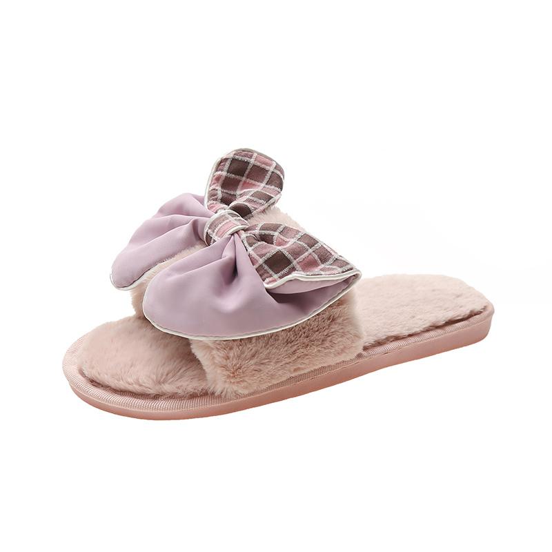Fashion Casual Fluffy Slippers Women House Flats Fashion Winter Bowknot Designer Shoes Ladies Home Plush Platform Elegant Footwear 2025