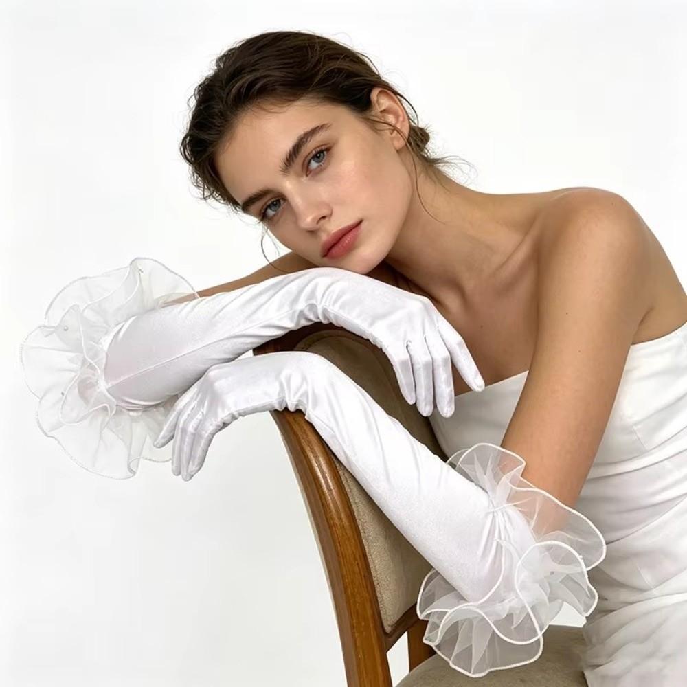 Tulle Women Long Satin Gloves 55CM Performance Gloves Vintage Bridal Gloves Etiquette Stage