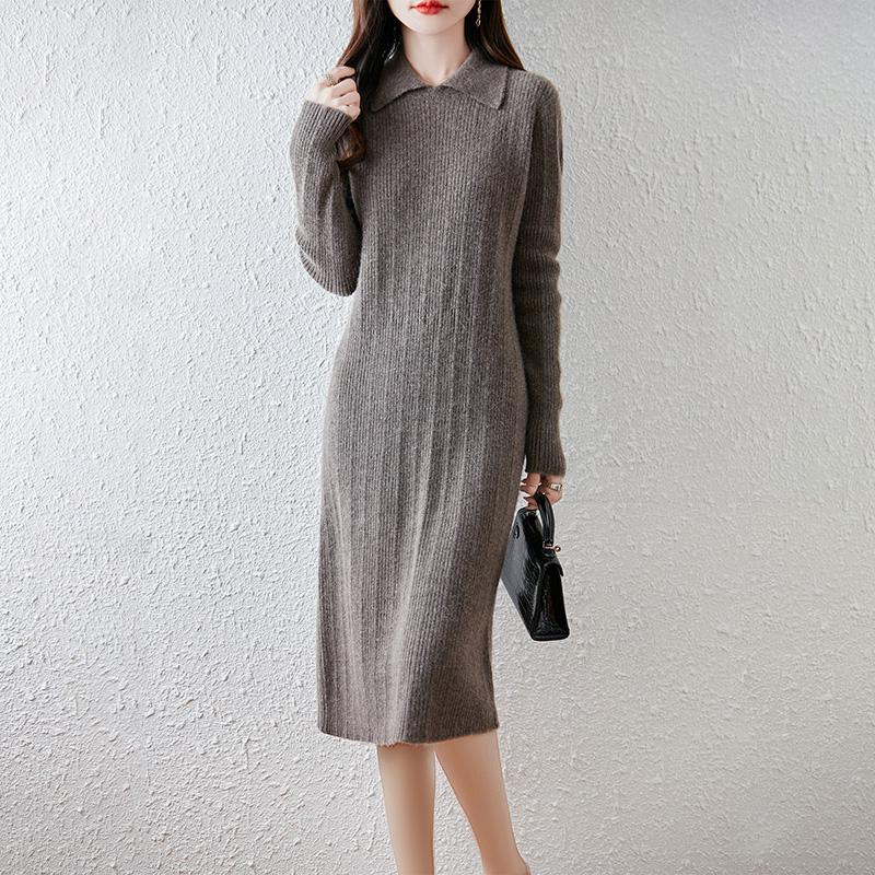 Women Sweater Dress 100% Wool TIDENOVEL Turn-down Collar Knit Long Pullover Winter Jumpers Wool Long Dress Female