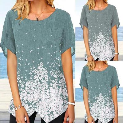Летняя новая футболка с коротким рукавом, круглым вырезом, разрезом по низу, из хлопка и льна, с принтом, приталенного кроя