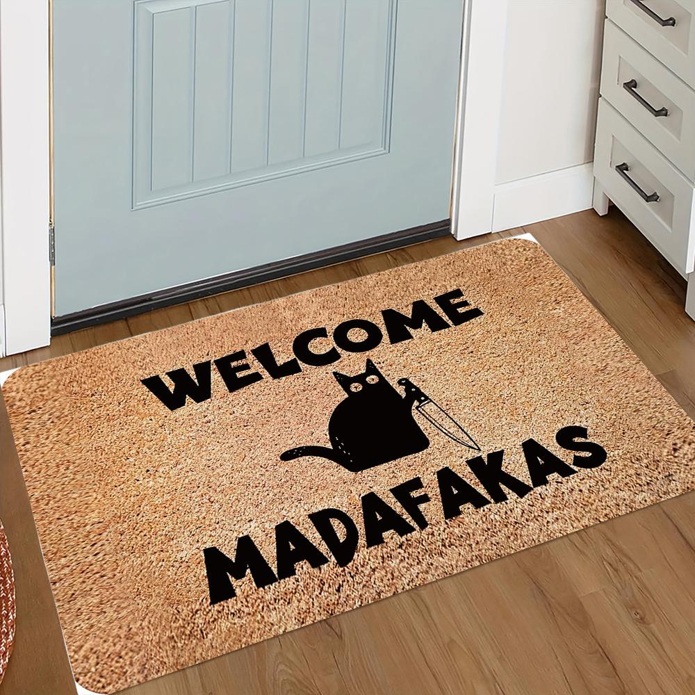 Funny Welcome Madafakas Doormat Brown Carpet with Cartoon Cat Knife Design Non-Slip Humorous Entrance Mat for Home Easy To Clean