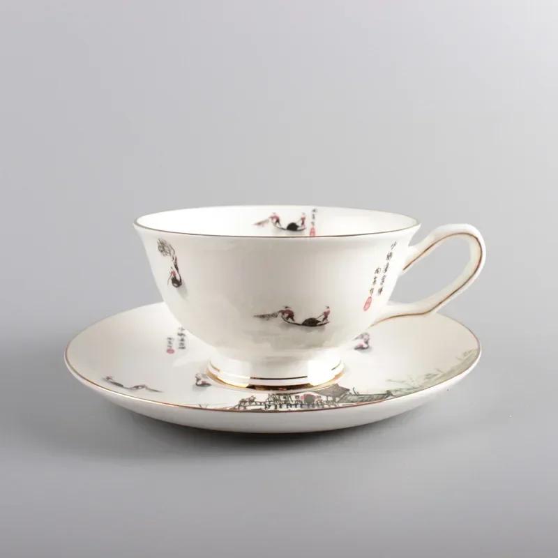 New Chinese Simple Ceramic Cup Coffee Cup Saucer Chinese Style Bone China Afternoon Tea Coffee Cup Simple Water Cups