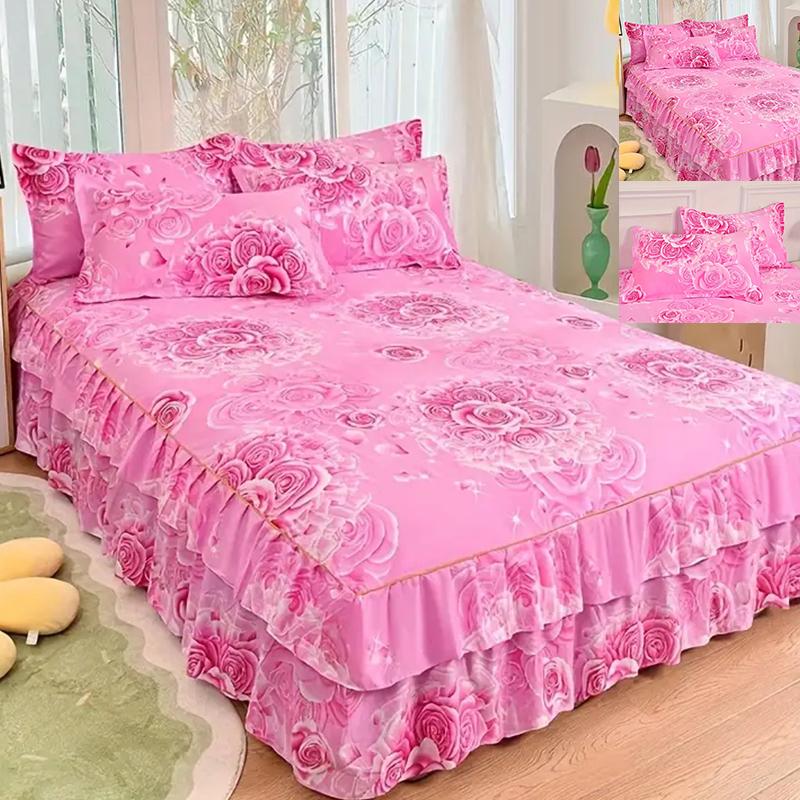 Набор из 3 предметов: Принтованная юбка для кровати 1 юбка для кровати + 2 наволочки, Цветочная кружевная юбка для кровати, Дышащее мягкое покрывало, Постельное белье, Защитный чехол для матраса с защитой от скольжения 360°