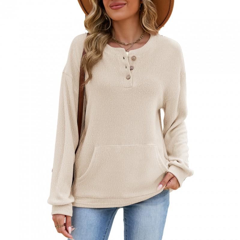 Womens Oversized Long Sleeve Pullover Sweatshirt With Front Pocket Solid Color Button Neck Cotton Blend Casual Chic