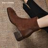 2024 New Brand Genuine Leather Boots Retro High Heels Ankle Boots Women Shoes Back Zipper Sheep Suede Handmade Shoes Boots Women