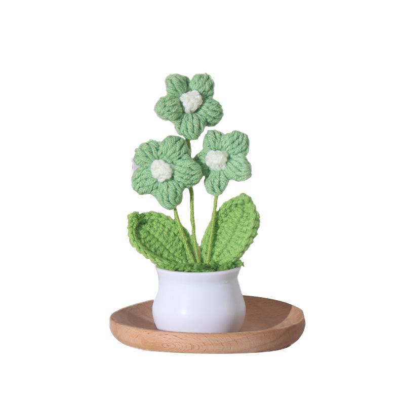 Вязаное вручную шерстяное маленькое растение в горшке с тремя цветами, украшение для рабочего стола, подарок