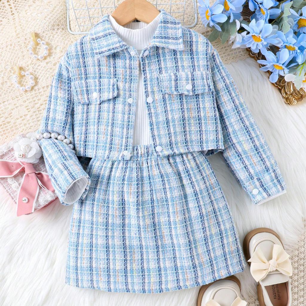 Girls' Fashion Casual Suit Autumn and Winter Children's Plaid Coat Turtleneck Bottom Skirt Suit