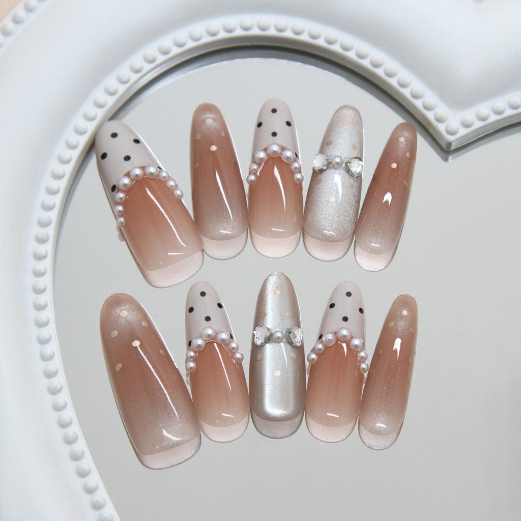 Cream Apricot Polka Dot Sparkly Press On Nails Medium Almond Sweet French For Ladies 30pcs Box & Strip Non Special Cosmetics