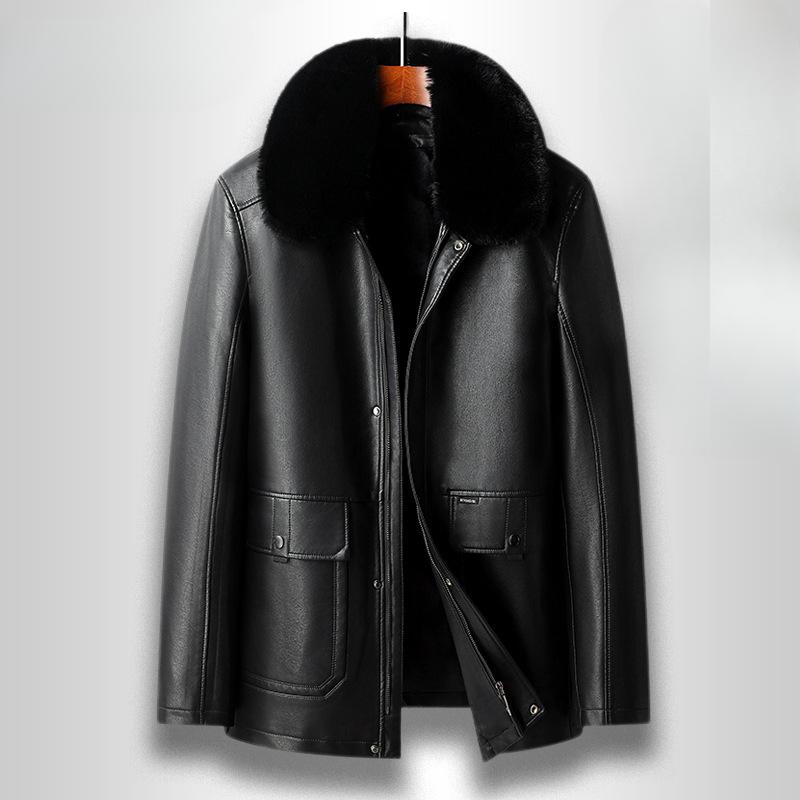 Мужская кожаная куртка средней толщины из флиса, утолщенная кожаная куртка, повседневная деловая кожаная куртка с отложным воротником
