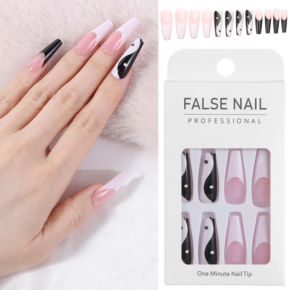 Fake Nails Ballerina with Taichi Design False Nail Tips Long Coffin White and Black Mixed Colors