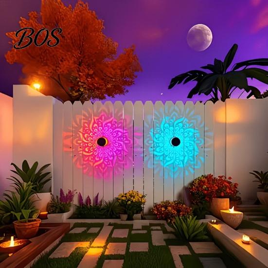 Solar Garden Lights Wall Light, 7 Color Changing Fence Outdoor Projection Patio Lighting Lamp, Waterproof Lamp for Yard Backyard Decor Decorative