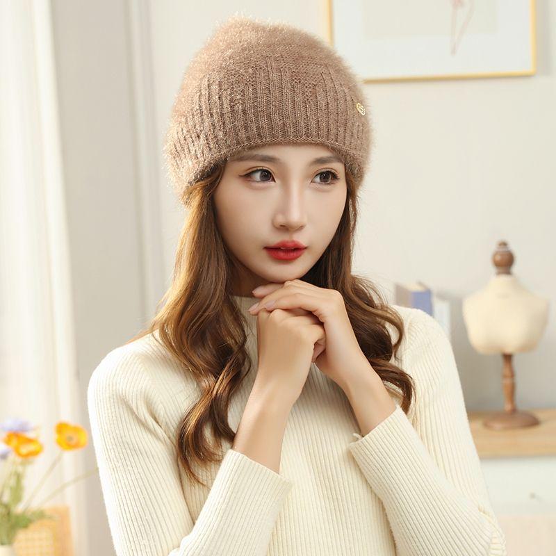 Двухслойная вязаная шерстяная шапка с большой окружностью головы и теплой подкладкой из толстого бархата