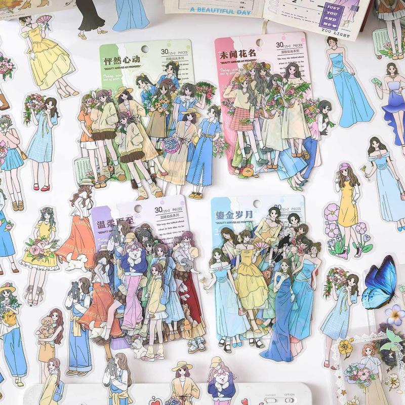30 Sheets Girl Holding Flowers Character Stickers Kawaii Anime Style Self-Adhesive For Journal Scrapbook DIY Decoration