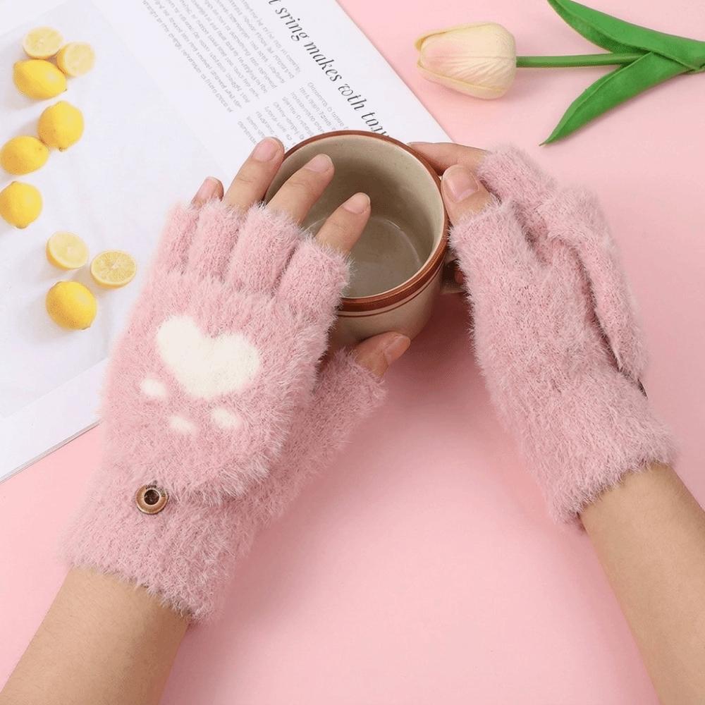 Soft Cat Paw Gloves Thicken Warm Plush Mittens Cartoon Style Half Finger Gloves Adults