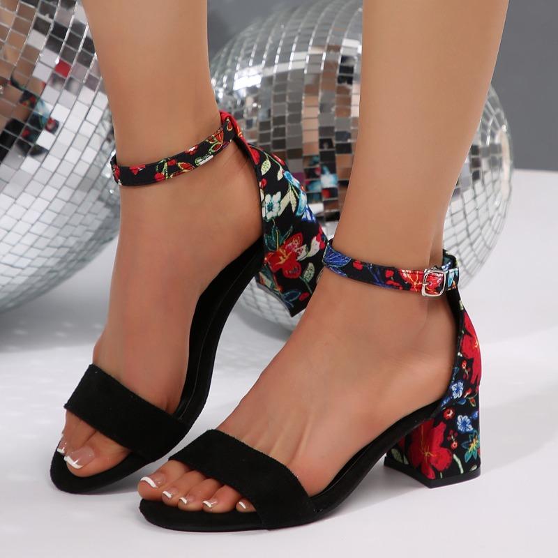 Женские черные флисовые сандалии на высоком каблуке с узором 2025 Женская обувь на высоком каблуке с открытым носком Ремешок на щиколотке Обувь на толстой подошве