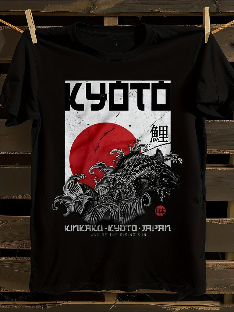 Japanese Kyoto Koi Fish & Rising Sun T-Shirt Mens Tshirt Womens Tshirts with Letters Print Short Sleeves T-Shirt Casual Street Tee Shirt Top