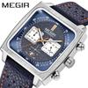 Square Dial Chronograph Quartz Watches for Men Fashion Blue Leather Strap Casual Sport Wristwatch with Date 24-hour 2182