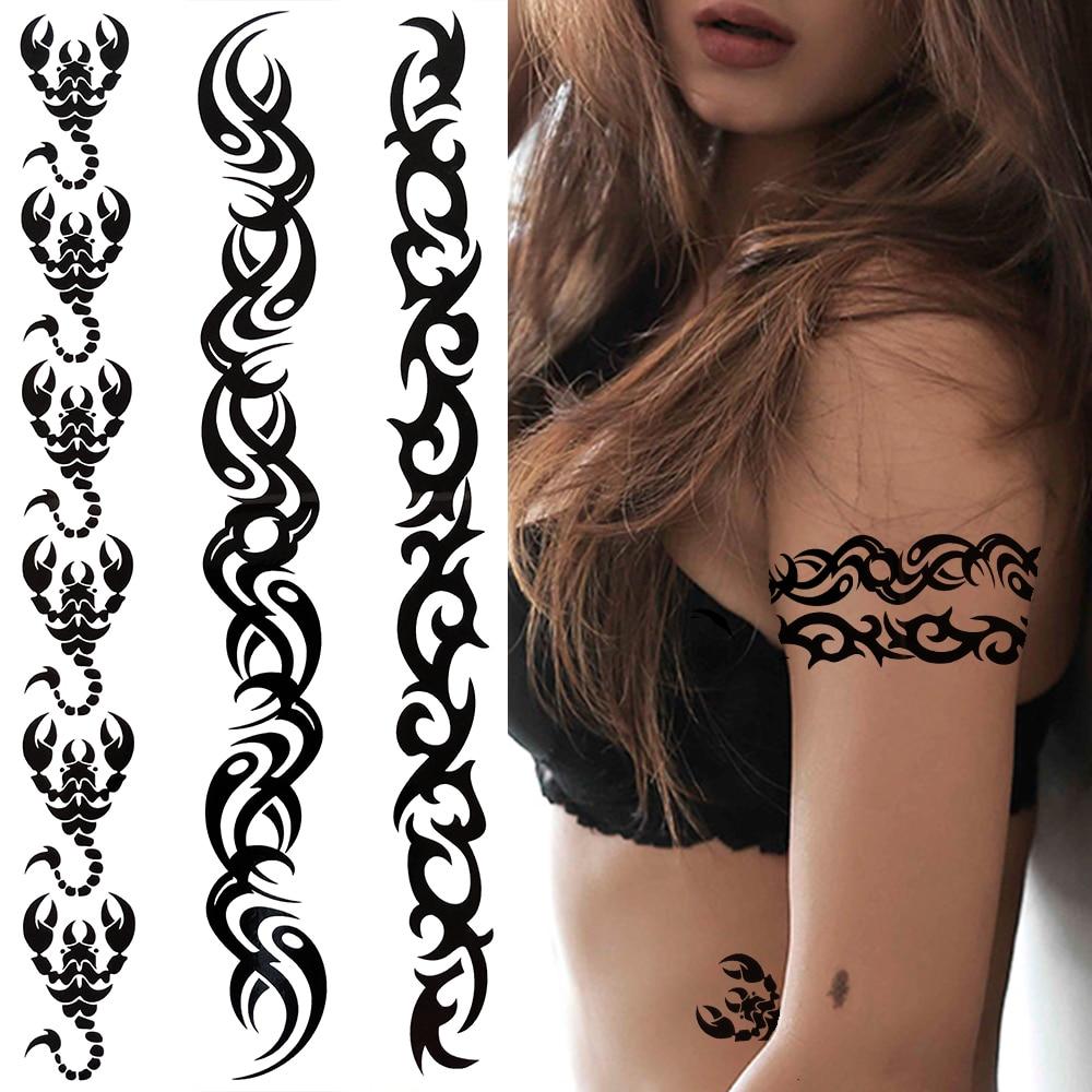 Черный Племенной Браслет из Ротанга Временные Татуировки Для Женщин Взрослых Реалистичные Татуировки Дракона Скорпиона Крест Креста Поддельные Наклейки Татуировки
