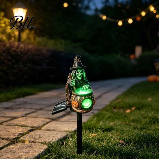 Waterproof Lawn Ornament for Yard Solar Witch Cauldron Garden Stake Light, Resin Halloween Glowing Pathway Powered Light Lamp, Outdoor Decor Tabletop