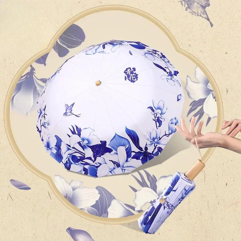 New 16-Rib Windproof Umbrella UPF50+ Sun & Rain Protection, Chinoiserie Series Design with Handcrafted Wood Handle & Flor