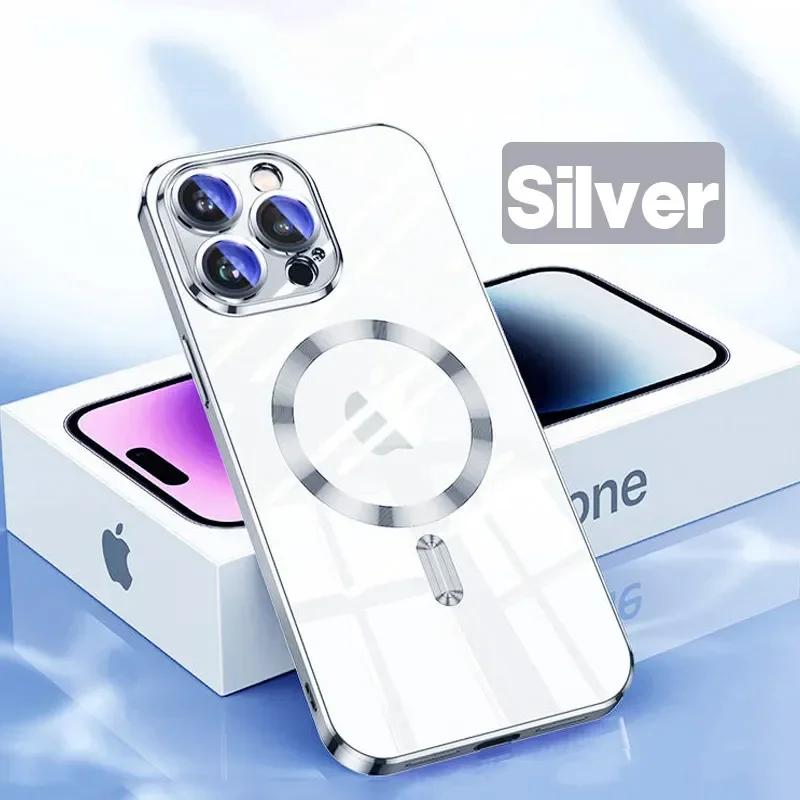 Роскошный чехол для телефона Magsafe с беспроводной зарядкой для iPhone 15 14 13 12 11 Pro Max Plus, прозрачный магнитный гальванический чехол-бампер