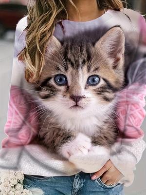 Свитшот с принтом кошки, повседневный свитшот с длинным рукавом и круглым вырезом для осени и зимы, женская одежда