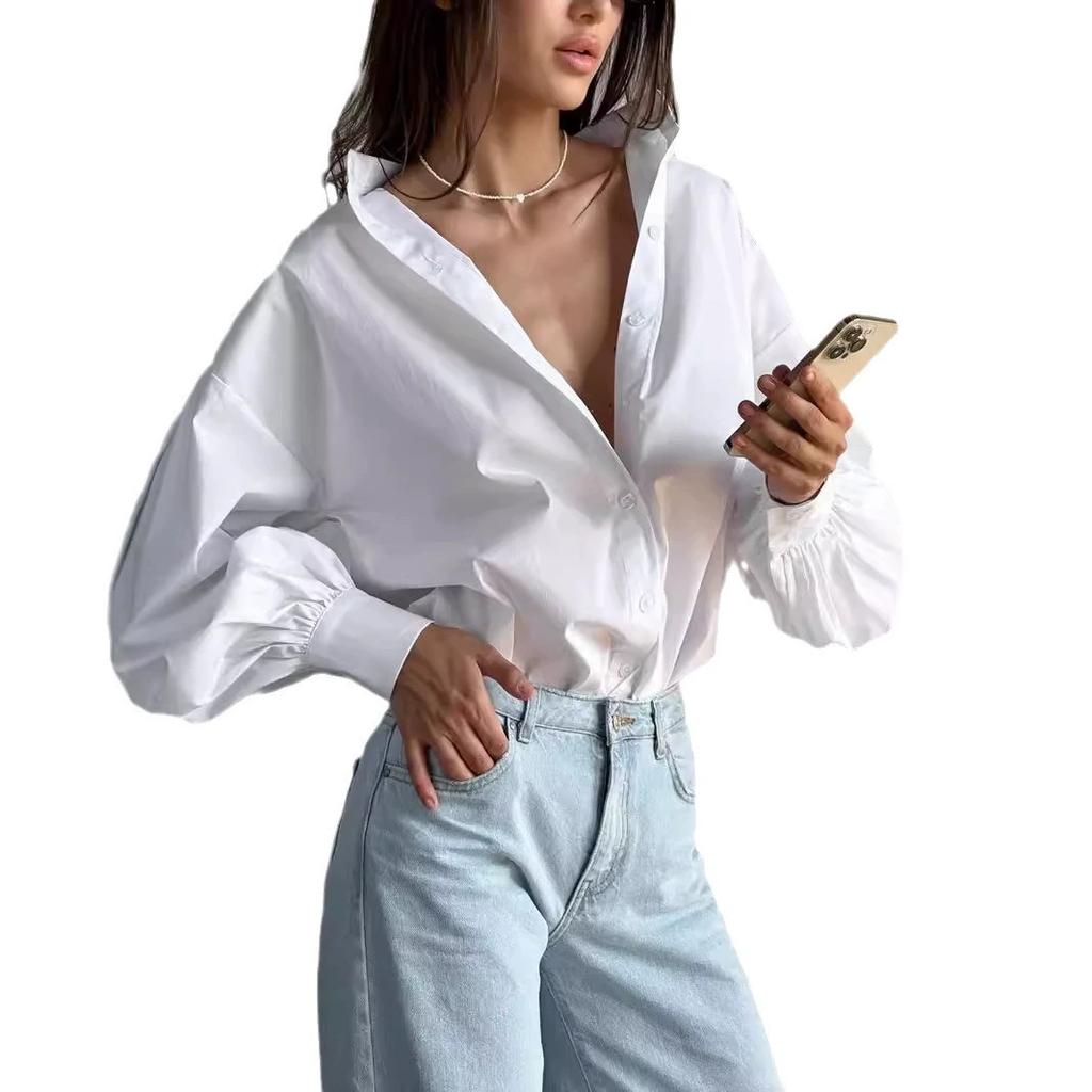 Lantern Sleeve Women's Shirt Lazy Temperament Commuting Versatile Round Neck Lantern Sleeve Shirt for Women