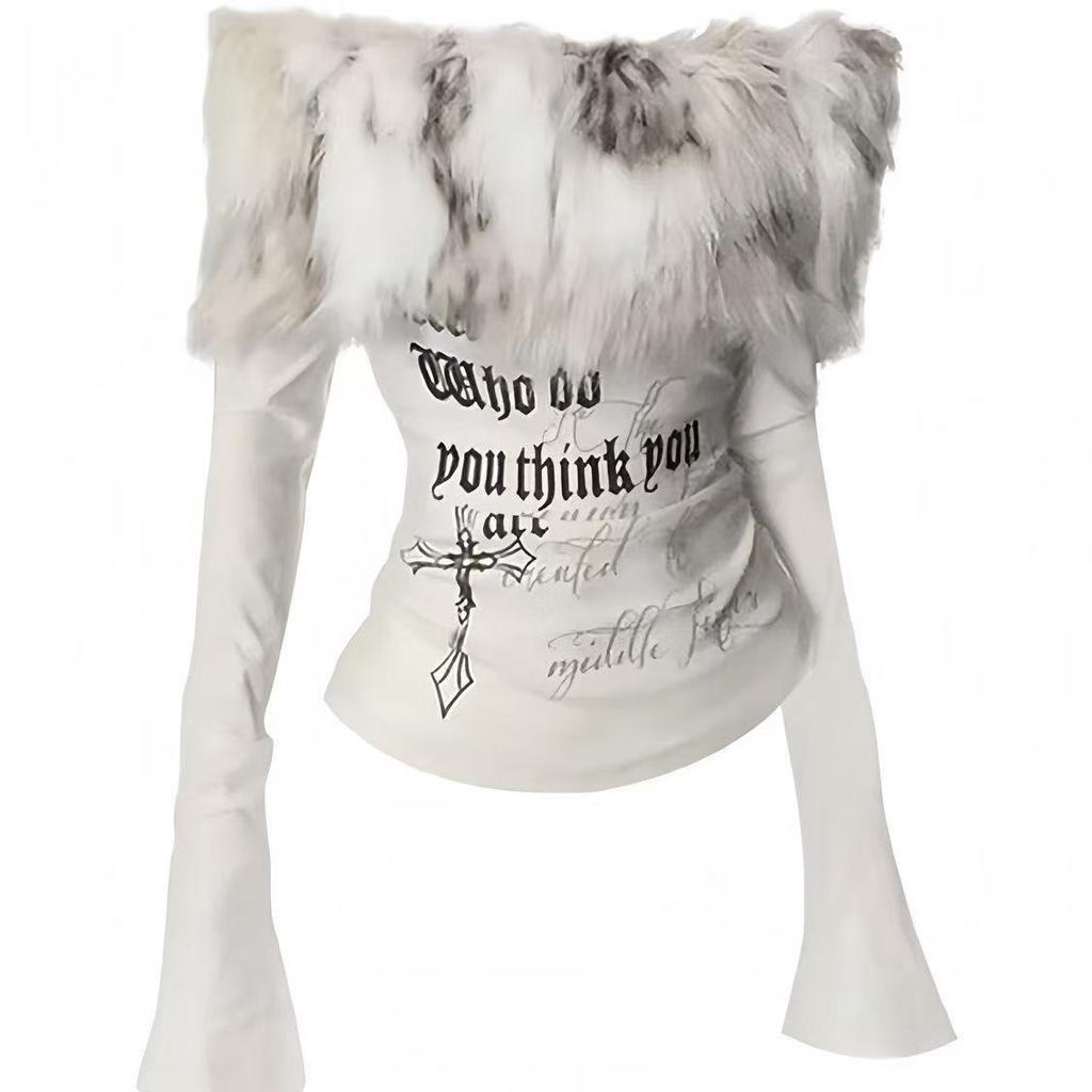 American Vintage Print Fur Stitched Tops Women 2000s Y2k One Shoulder T-shirt Thin Sweet Babes High Street Casual Base Layer Clothes