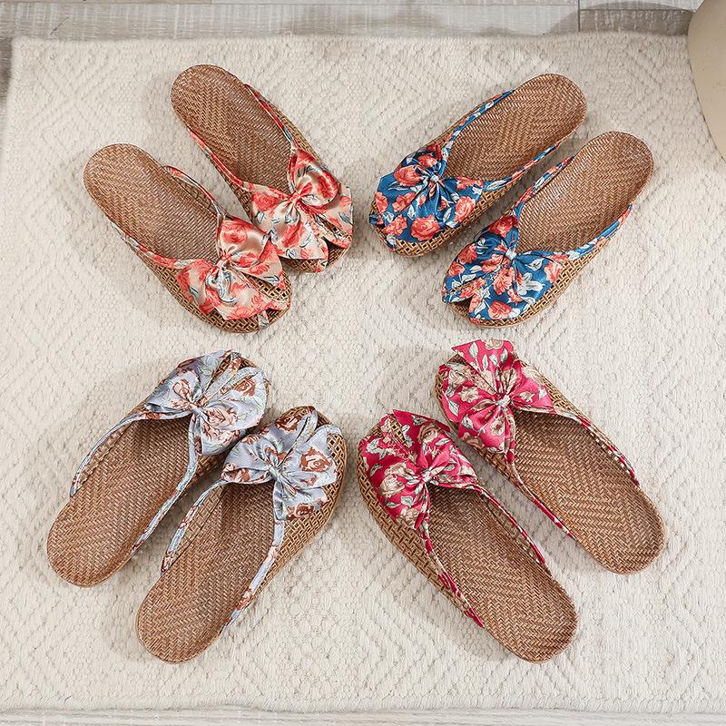 Летние тапочки из травяного коврика для дома Тапочки из ротанга с бабочкой для дома Летние женские льняные тапочки