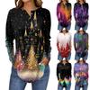 Women's Fashionable Loose-Fit Button-Down Collar Christmas Print Long-Sleeved Top
