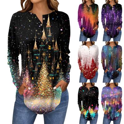 Женская модная блузка свободного кроя с пуговицами и воротником на пуговицах, с рождественским принтом и длинными рукавами