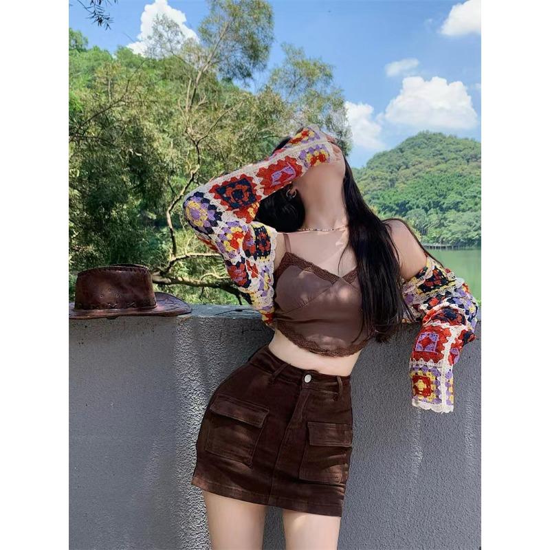 Винтажный красочный ажурный вязаный кардиган с длинными рукавами, женский осенний кардиган, короткие шикарные топы