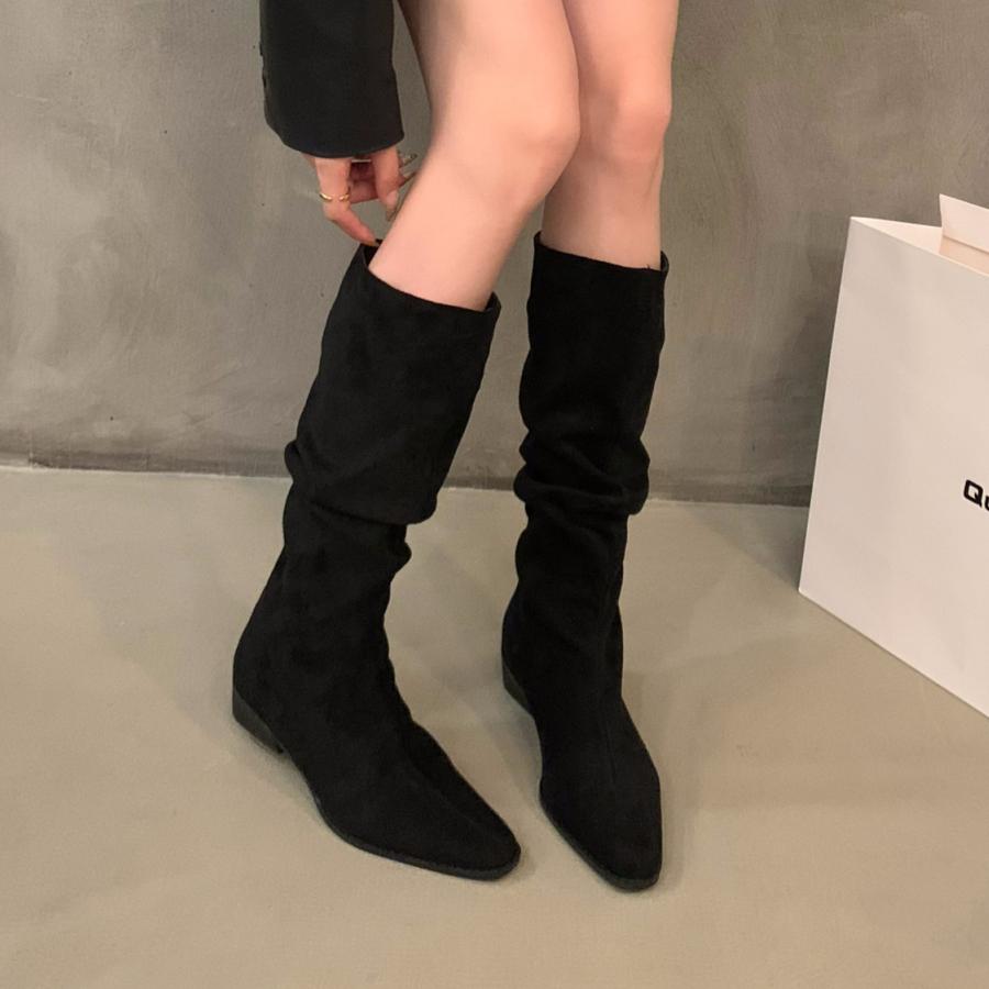 Модные высокие ботинки с острым носком женские на среднем каблуке замшевые массивные хлопковые туфли женские тренд 2024 готика челси ботфорты туфли-лодочки ботинки женские