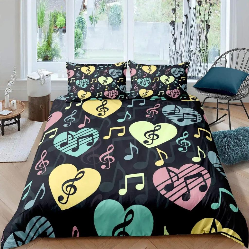 Music Notes Duvet Cover Collection Queen Size Purple Musical Theme Bedding Collection Gold Shiny Pattern Comforter Cover For Kids Girls Adult